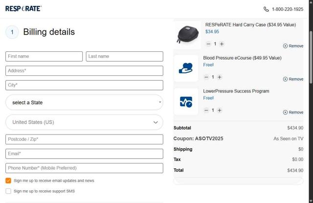 Resperate checkout page showing Resperate coupon code box | Screenshot taken by SimplyCodes community member on Jun 26, 2025