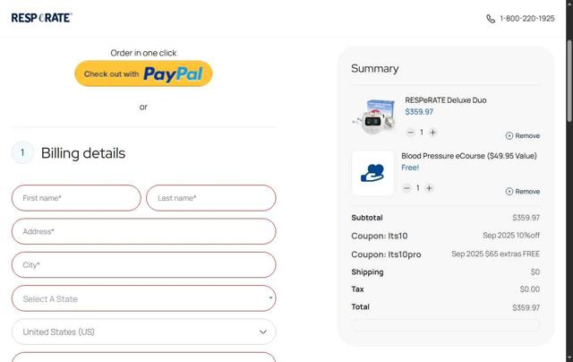Resperate checkout page showing Resperate coupon code box | Screenshot taken by SimplyCodes community member on Sep 8, 2025