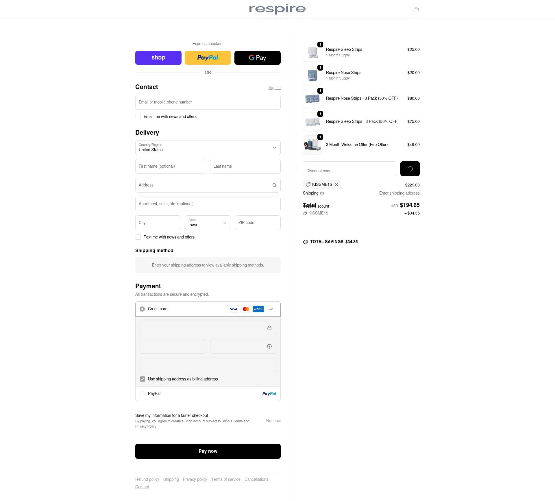 Respire US checkout page showing Respire US promo code box | Screenshot taken by SimplyCodes community member on Feb 18, 2026