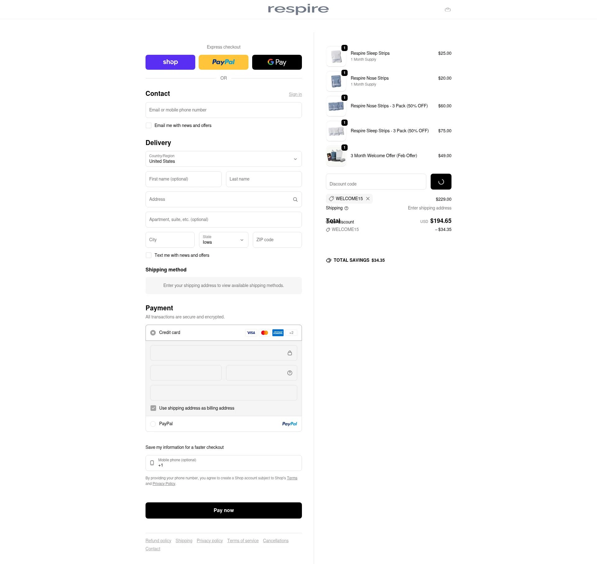 Respire US checkout page showing Respire US promo code box | Screenshot taken by SimplyCodes community member on Feb 13, 2026