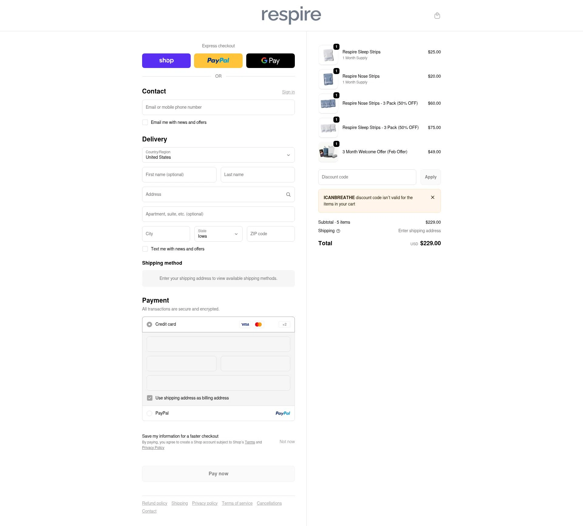 Respire US checkout page showing Respire US promo code box | Screenshot taken by SimplyCodes community member on Feb 18, 2026
