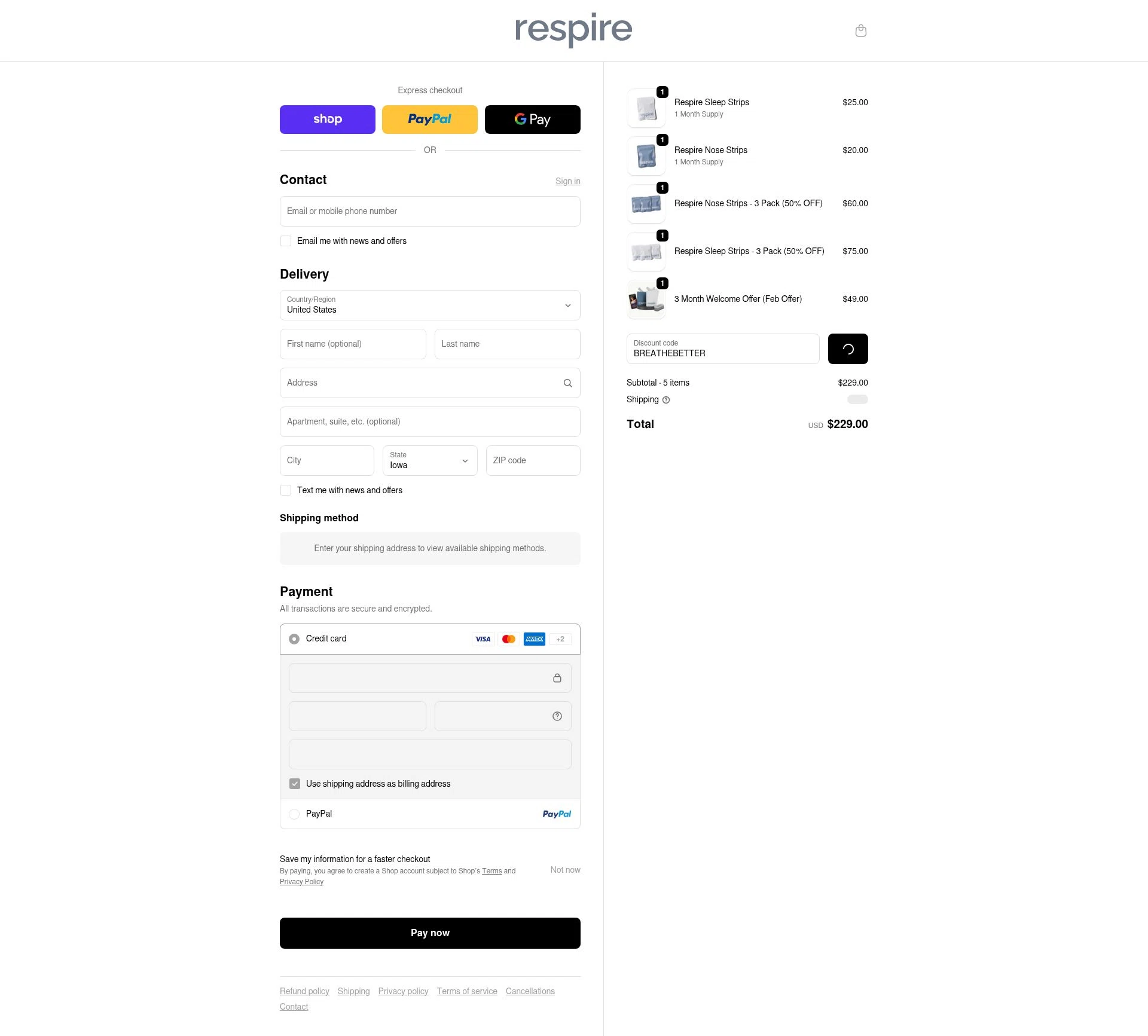Respire US checkout page showing Respire US promo code box | Screenshot taken by SimplyCodes community member on Feb 18, 2026