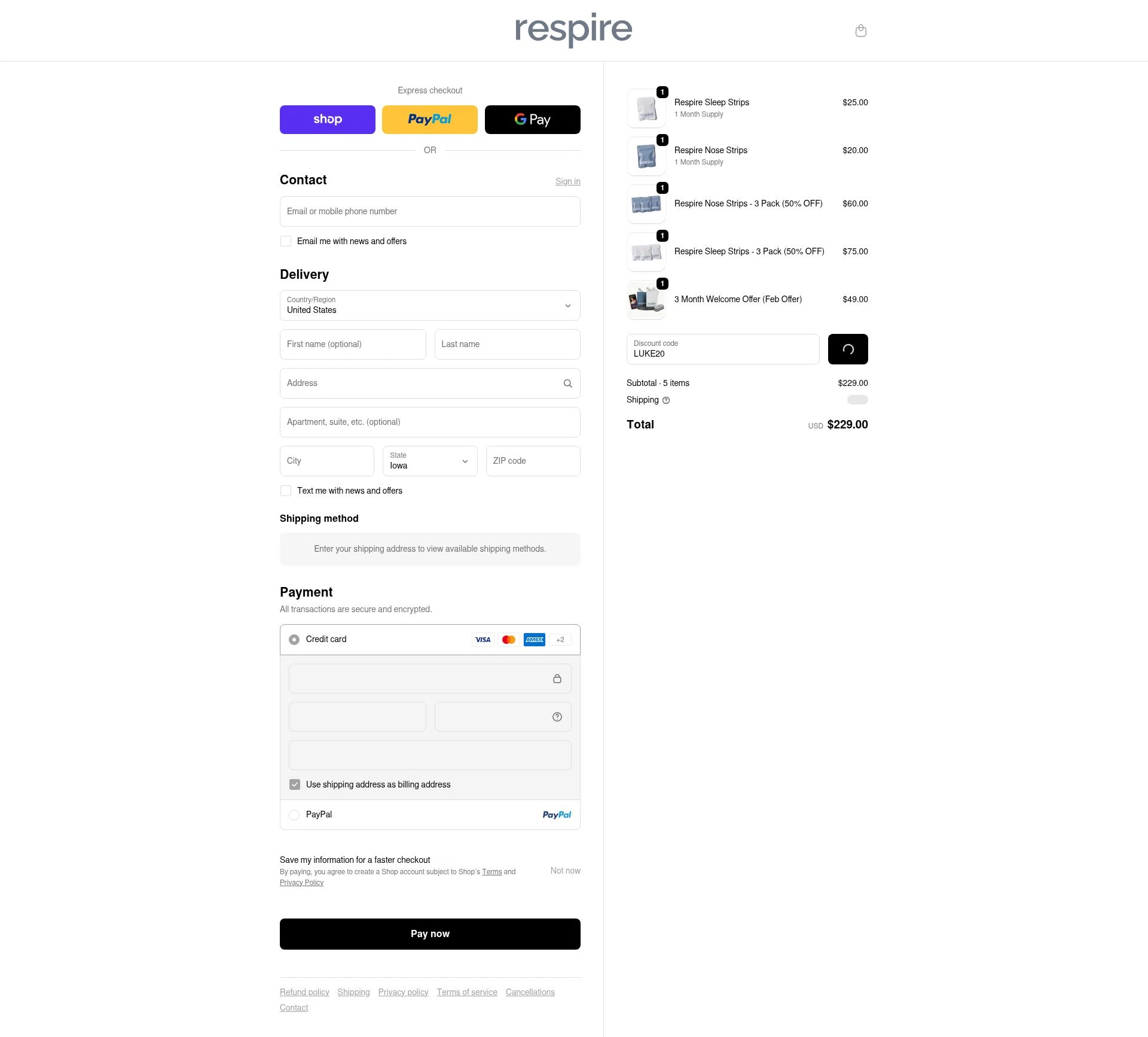 Respire US checkout page showing Respire US promo code box | Screenshot taken by SimplyCodes community member on Feb 18, 2026