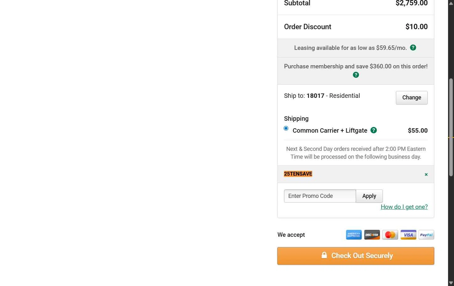 The Restaurant Store checkout page showing The Restaurant Store coupon code box | Screenshot taken by SimplyCodes community member on Jan 16, 2026
