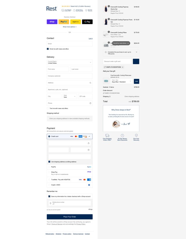 Rest checkout page showing Rest discount code box | Screenshot taken by SimplyCodes community member on Sep 2, 2025