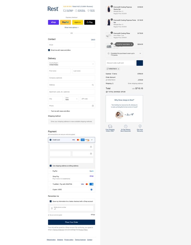 Rest checkout page showing Rest discount code box | Screenshot taken by SimplyCodes community member on Sep 2, 2025
