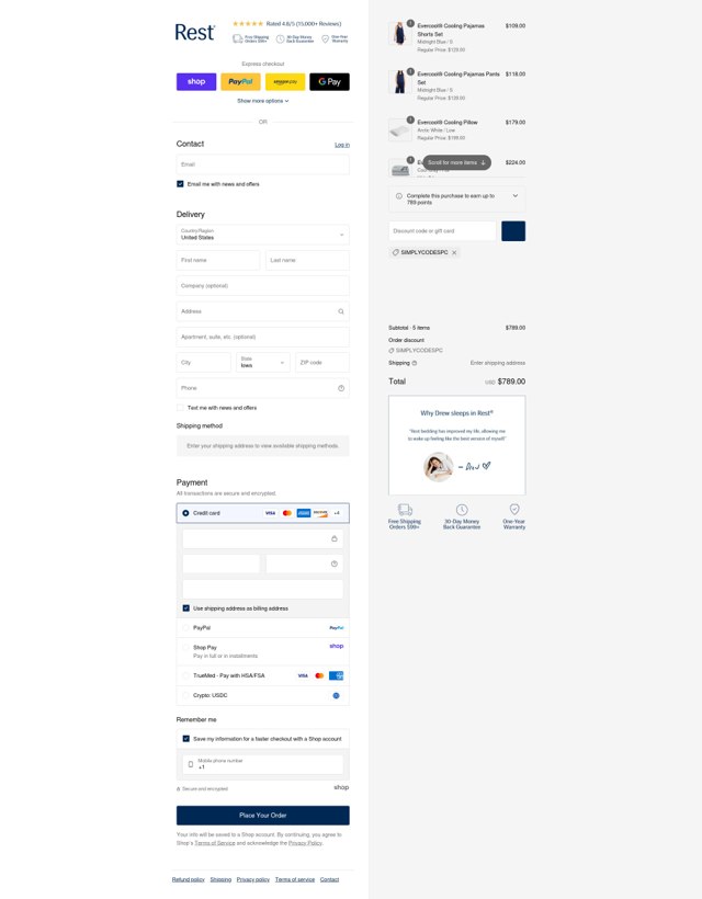 Rest checkout page showing Rest discount code box | Screenshot taken by SimplyCodes community member on Sep 2, 2025