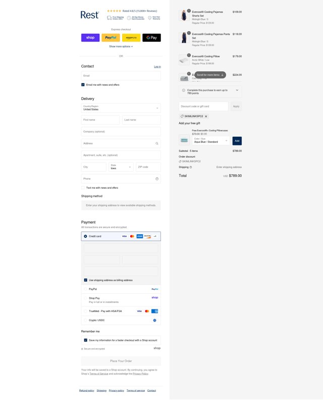Rest checkout page showing Rest discount code box | Screenshot taken by SimplyCodes community member on Sep 2, 2025
