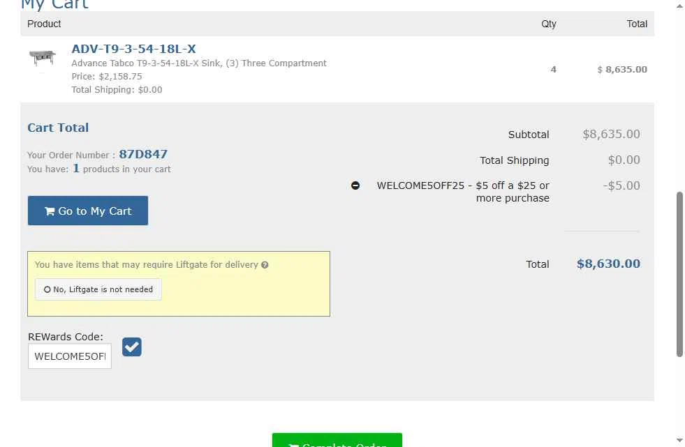 Restaurant Equipment World checkout page showing Restaurant Equipment World promo code box | Screenshot taken by SimplyCodes community member on Jul 29, 2025