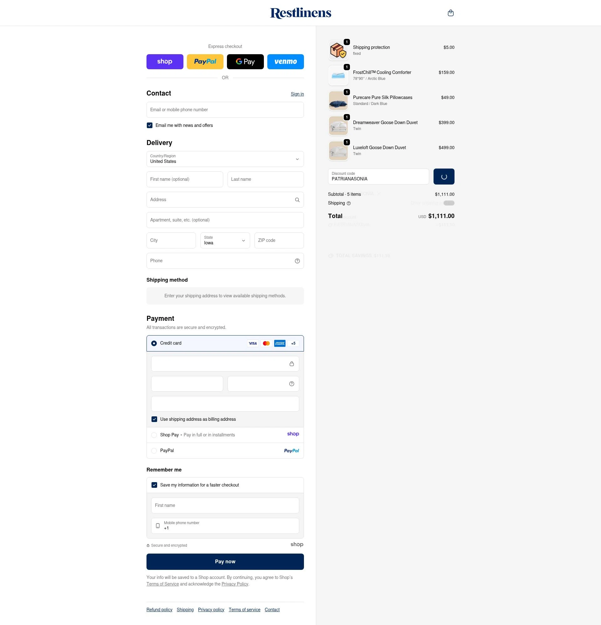RestLinens checkout page showing RestLinens promo code box | Screenshot taken by SimplyCodes community member on Jan 3, 2026