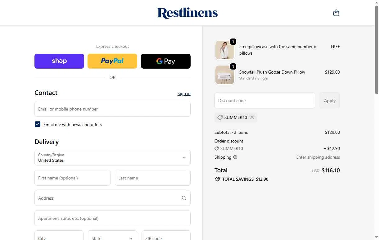 RestLinens checkout page showing RestLinens promo code box | Screenshot taken by SimplyCodes community member on Jan 3, 2026
