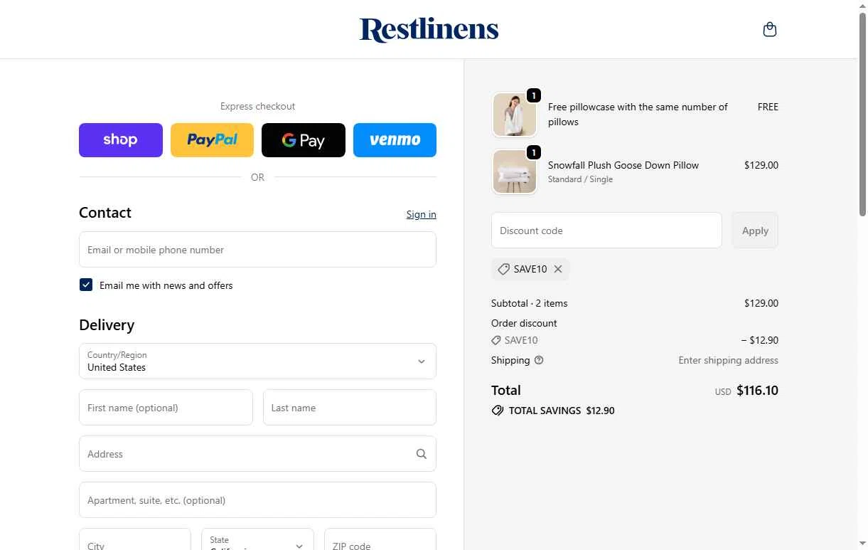 RestLinens checkout page showing RestLinens promo code box | Screenshot taken by SimplyCodes community member on Jan 3, 2026
