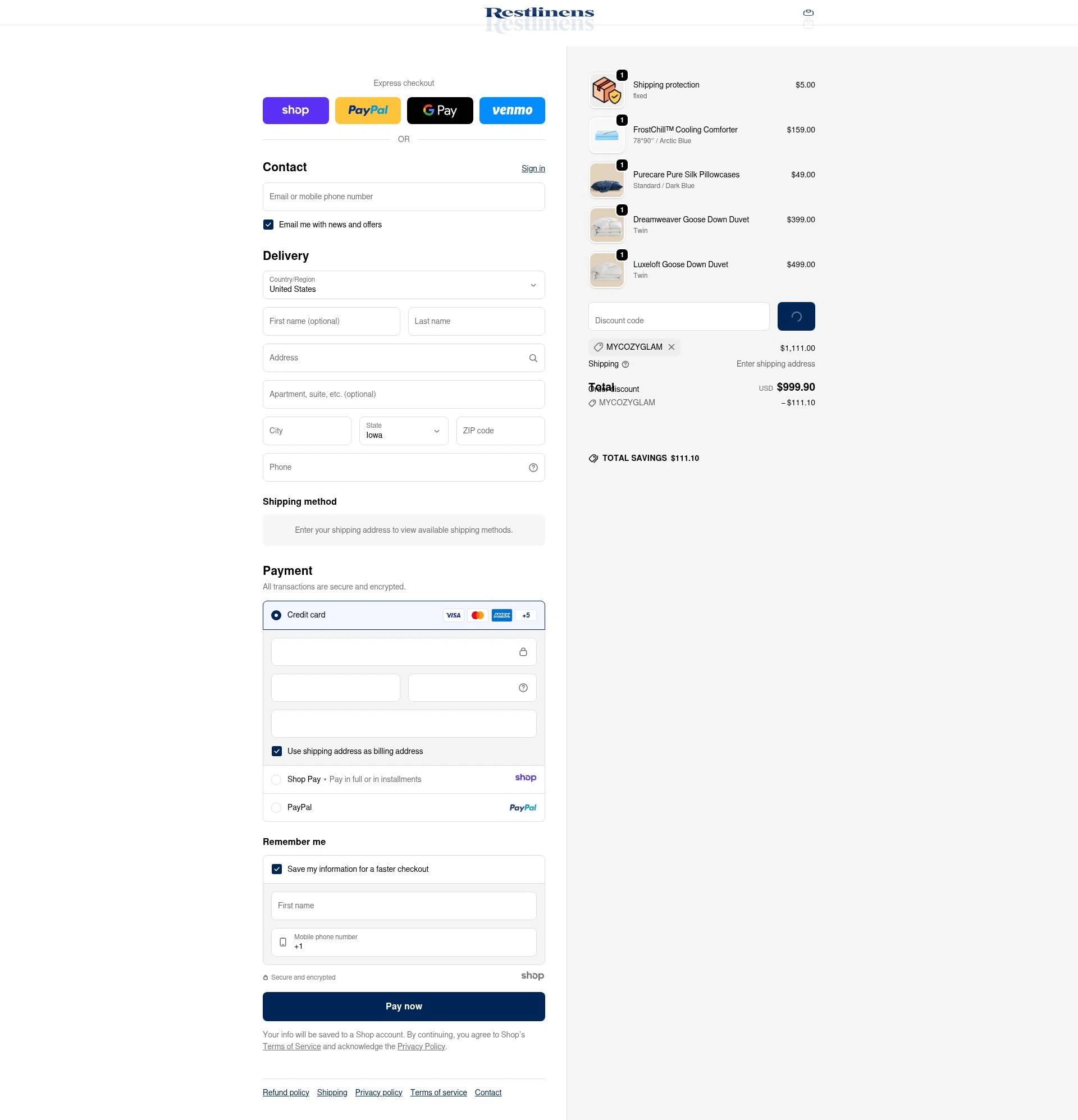 RestLinens checkout page showing RestLinens promo code box | Screenshot taken by SimplyCodes community member on Jan 8, 2026