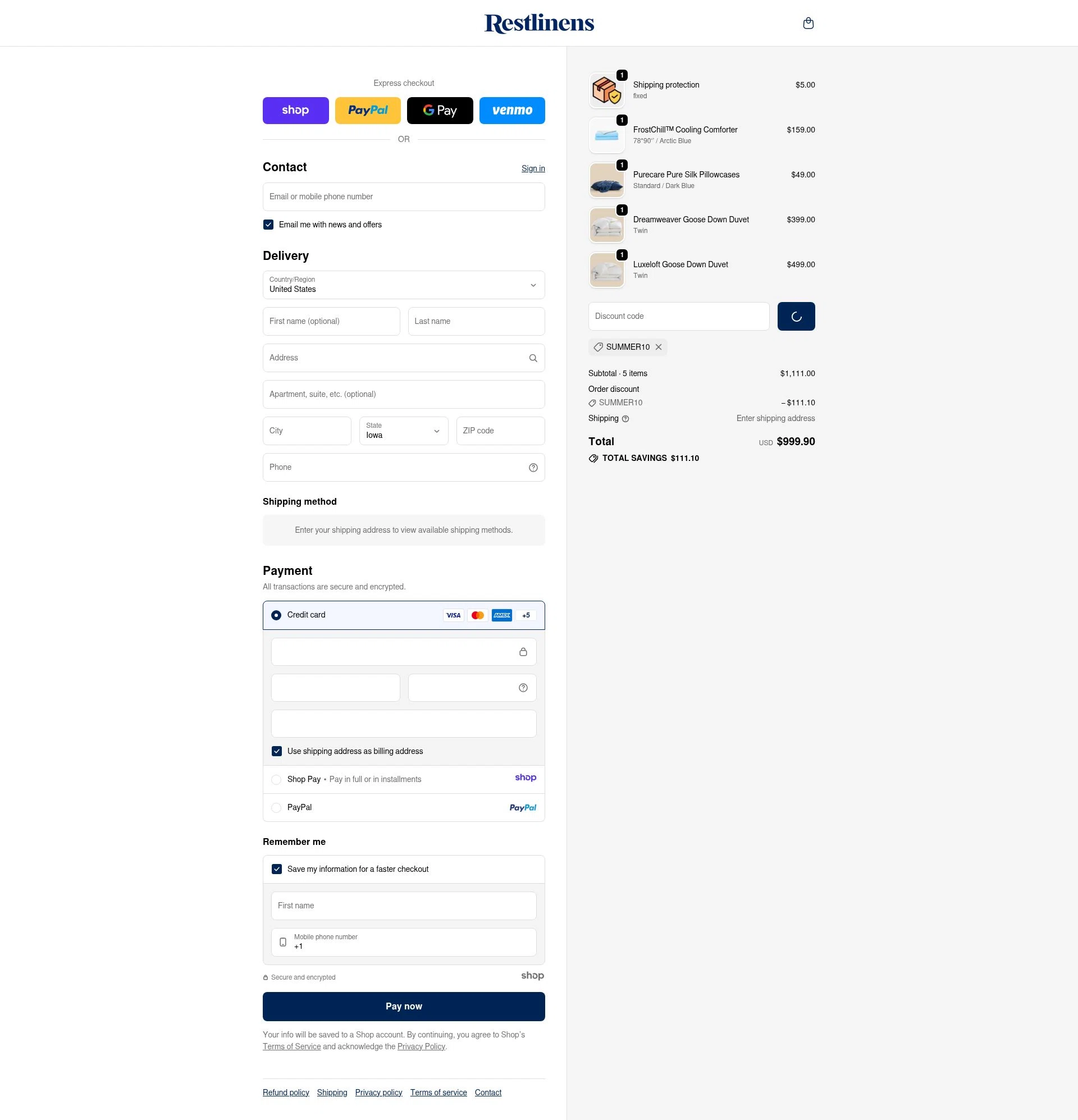 RestLinens checkout page showing RestLinens promo code box | Screenshot taken by SimplyCodes community member on Jan 8, 2026