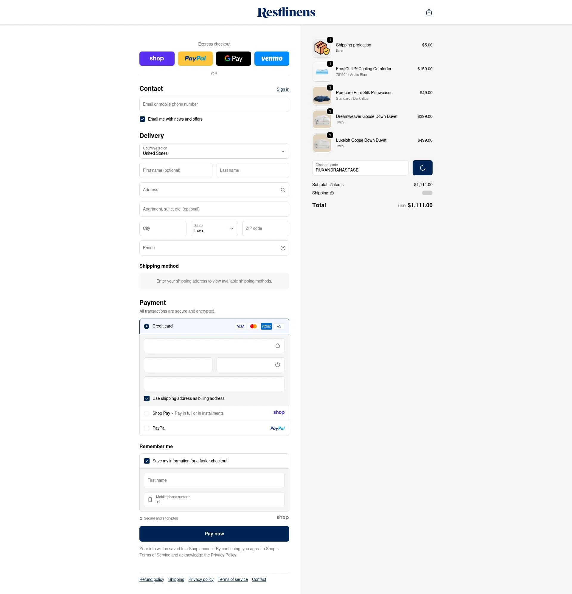 RestLinens checkout page showing RestLinens promo code box | Screenshot taken by SimplyCodes community member on Jan 8, 2026