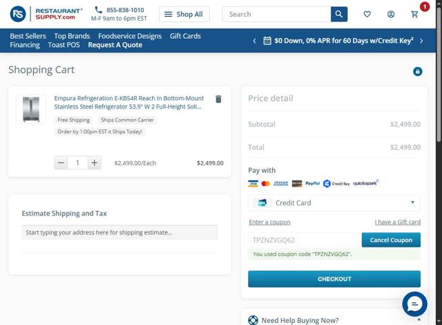 RestaurantSupply checkout page showing RestaurantSupply coupon code box | Screenshot taken by SimplyCodes community member on Jul 22, 2025