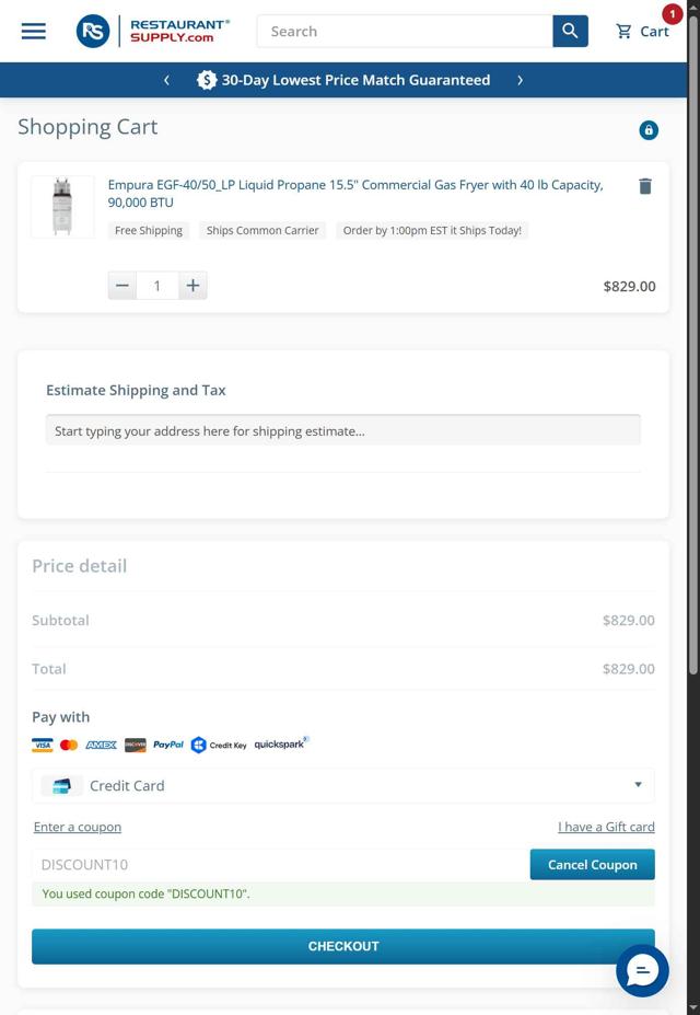 RestaurantSupply checkout page showing RestaurantSupply coupon code box | Screenshot taken by SimplyCodes community member on Jul 22, 2025