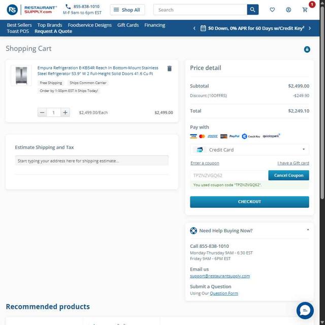 RestaurantSupply checkout page showing RestaurantSupply coupon code box | Screenshot taken by SimplyCodes community member on Jul 22, 2025