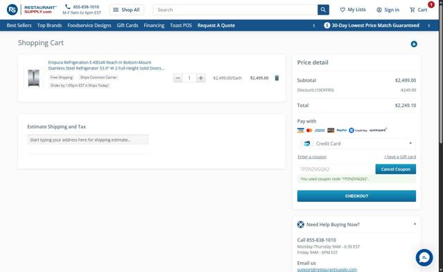 RestaurantSupply checkout page showing RestaurantSupply coupon code box | Screenshot taken by SimplyCodes community member on Jul 22, 2025