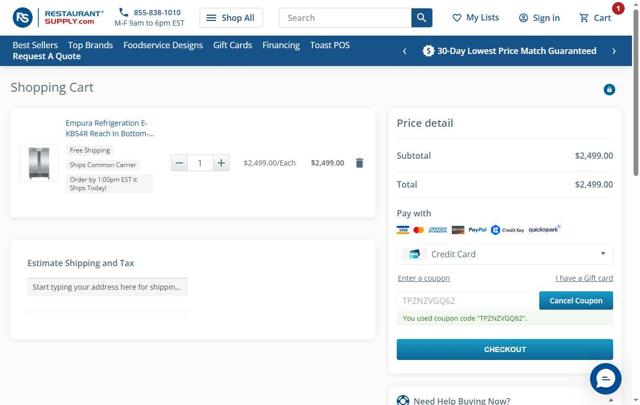 RestaurantSupply checkout page showing RestaurantSupply coupon code box | Screenshot taken by SimplyCodes community member on Jul 22, 2025