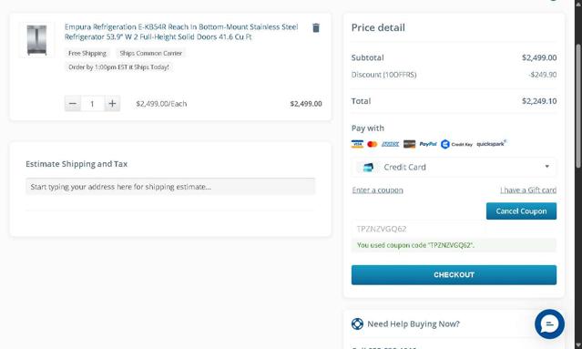 RestaurantSupply checkout page showing RestaurantSupply coupon code box | Screenshot taken by SimplyCodes community member on Jul 22, 2025