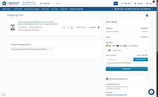 RestaurantSupply checkout page showing RestaurantSupply coupon code box | Screenshot taken by SimplyCodes community member on Jul 22, 2025