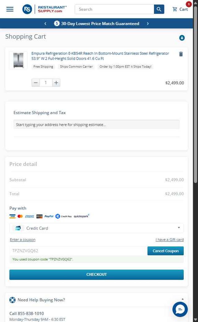 RestaurantSupply checkout page showing RestaurantSupply coupon code box | Screenshot taken by SimplyCodes community member on Jul 22, 2025