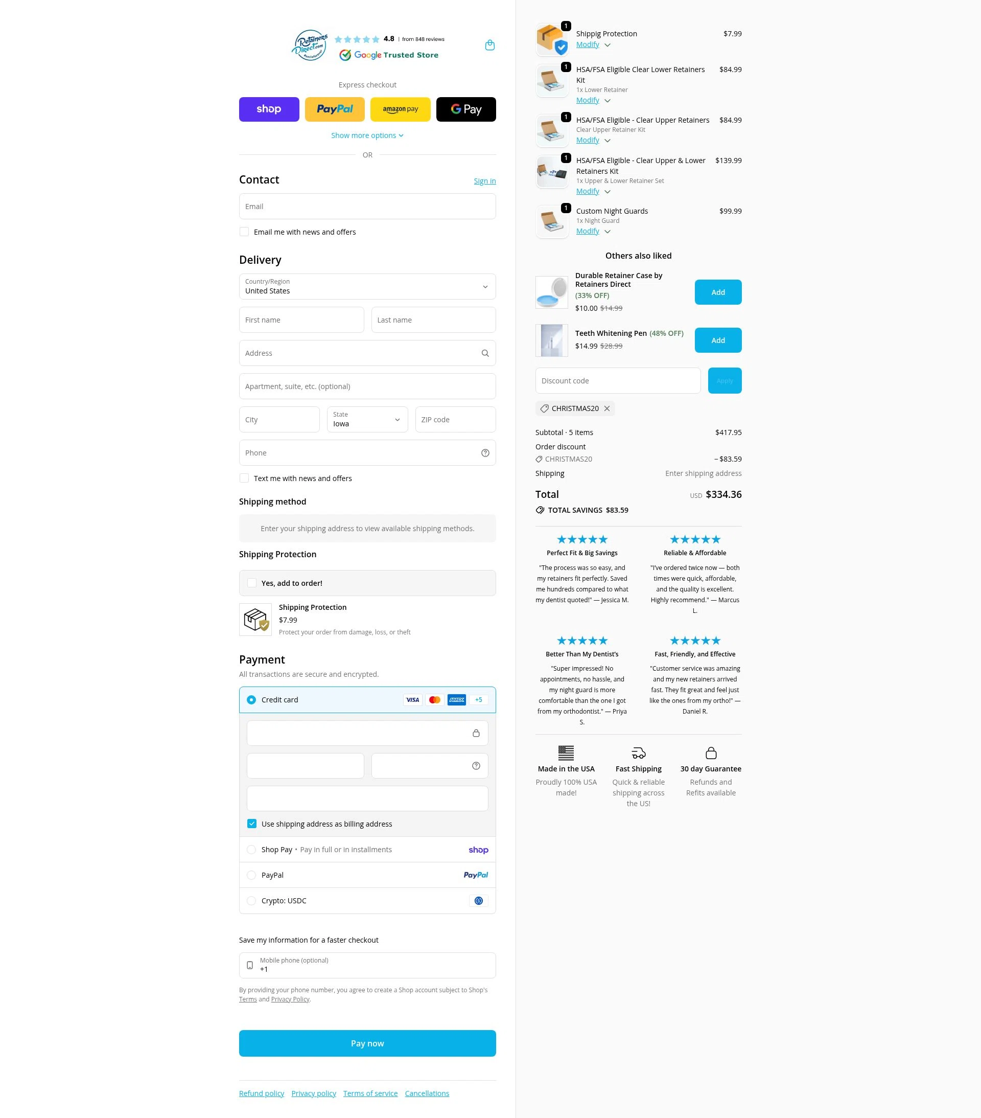 Retainers Direct checkout page showing Retainers Direct discount code box | Screenshot taken by SimplyCodes community member on Feb 5, 2026