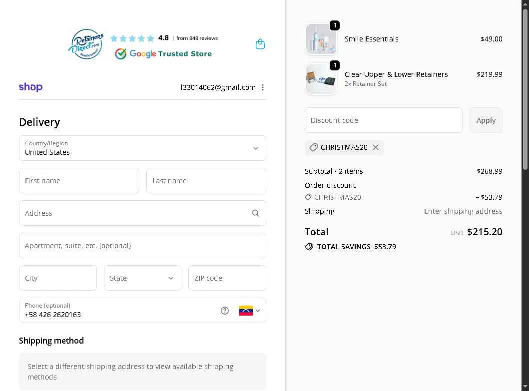 Retainers Direct checkout page showing Retainers Direct discount code box | Screenshot taken by SimplyCodes community member on Feb 5, 2026