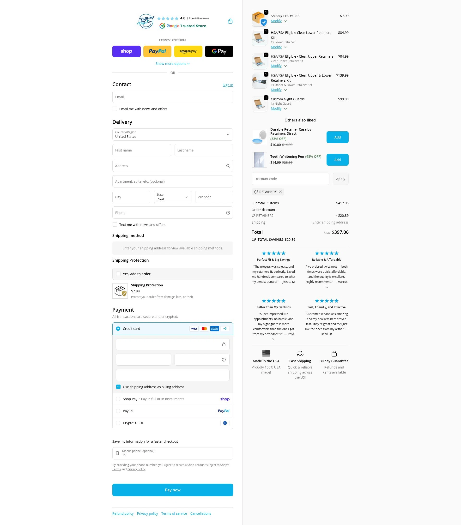 Retainers Direct checkout page showing Retainers Direct discount code box | Screenshot taken by SimplyCodes community member on Feb 5, 2026