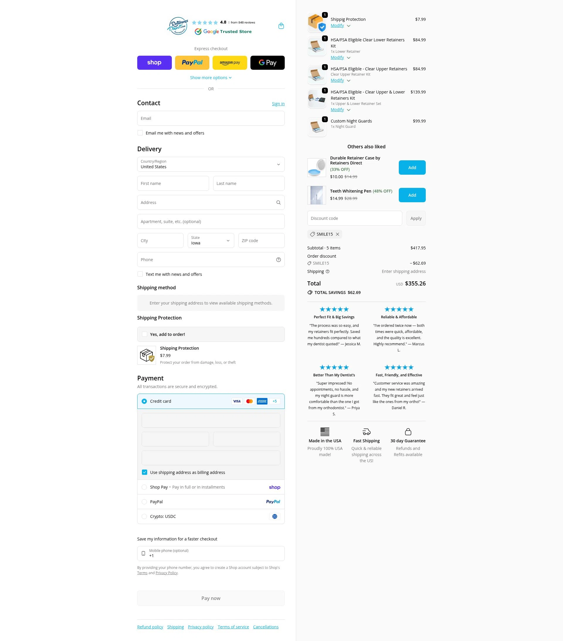 Retainers Direct checkout page showing Retainers Direct discount code box | Screenshot taken by SimplyCodes community member on Feb 9, 2026