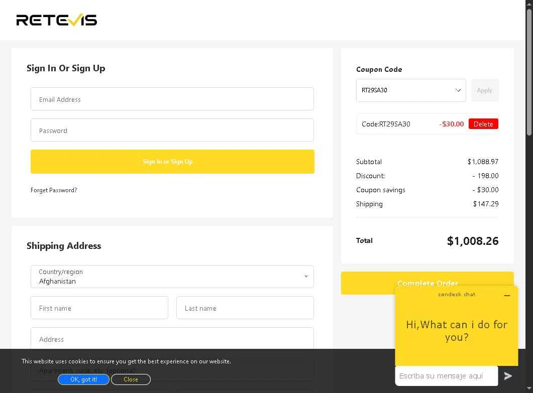 Retevis checkout page showing Retevis discount code box | Screenshot taken by SimplyCodes community member on Jan 19, 2026