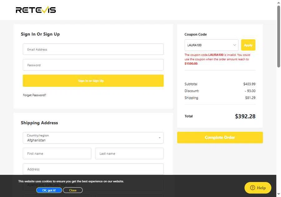 Retevis checkout page showing Retevis discount code box | Screenshot taken by SimplyCodes community member on Feb 6, 2026