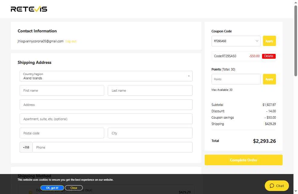 Retevis checkout page showing Retevis discount code box | Screenshot taken by SimplyCodes community member on Jan 19, 2026