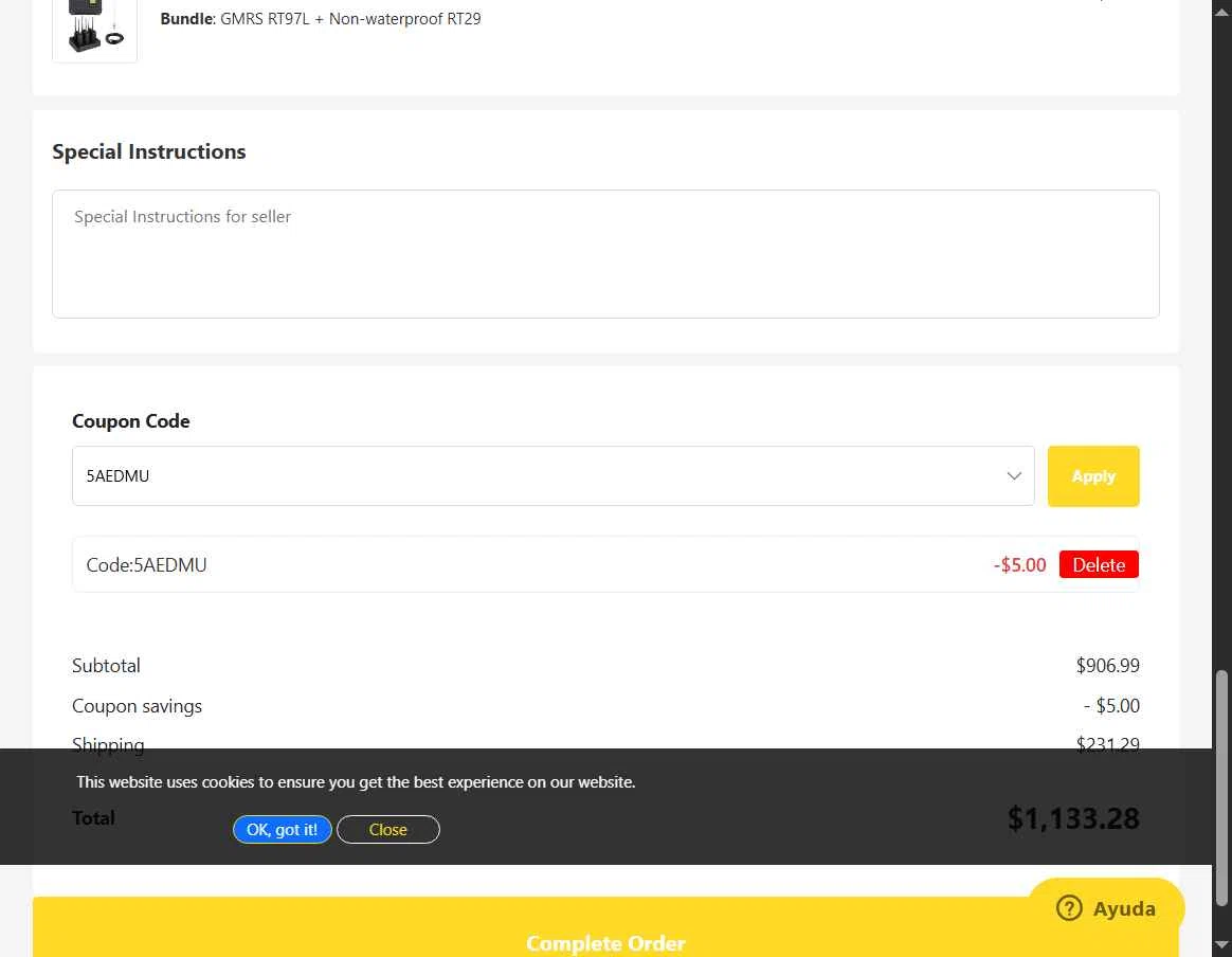 Retevis checkout page showing Retevis discount code box | Screenshot taken by SimplyCodes community member on Feb 7, 2026