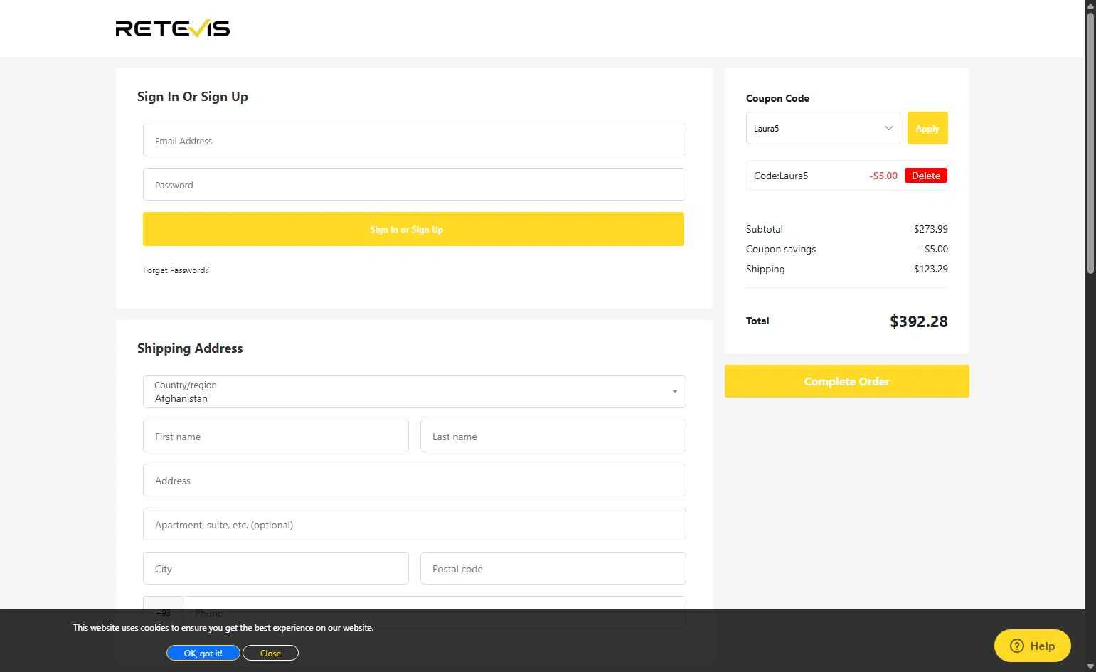Retevis checkout page showing Retevis discount code box | Screenshot taken by SimplyCodes community member on Feb 5, 2026