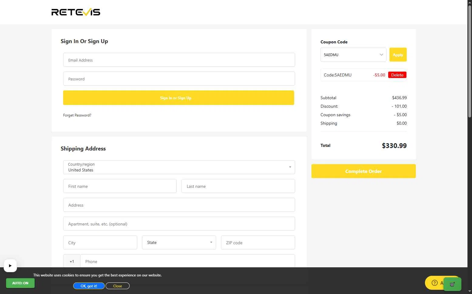 Retevis checkout page showing Retevis discount code box | Screenshot taken by SimplyCodes community member on Jan 18, 2026
