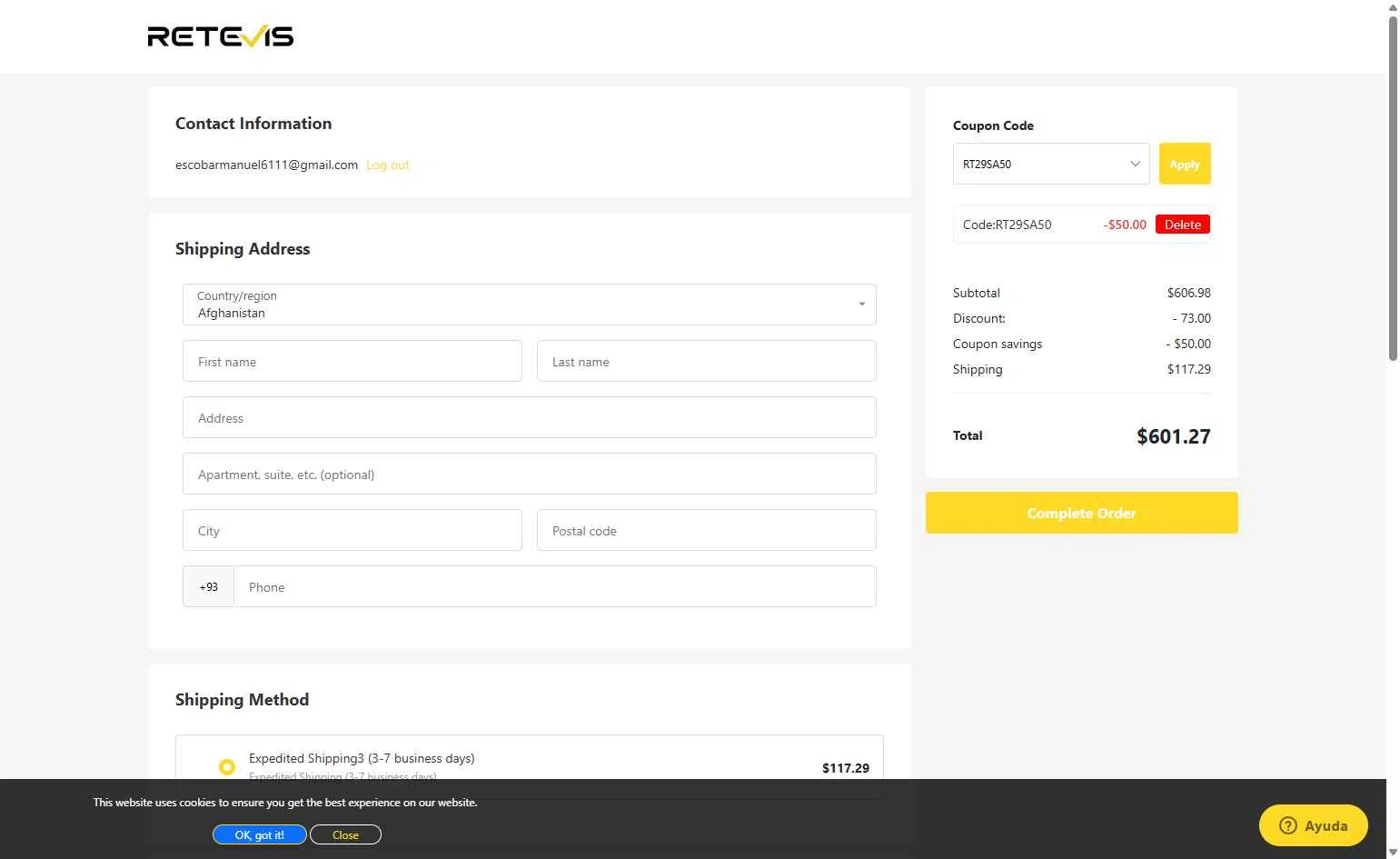 Retevis checkout page showing Retevis discount code box | Screenshot taken by SimplyCodes community member on Jan 30, 2026