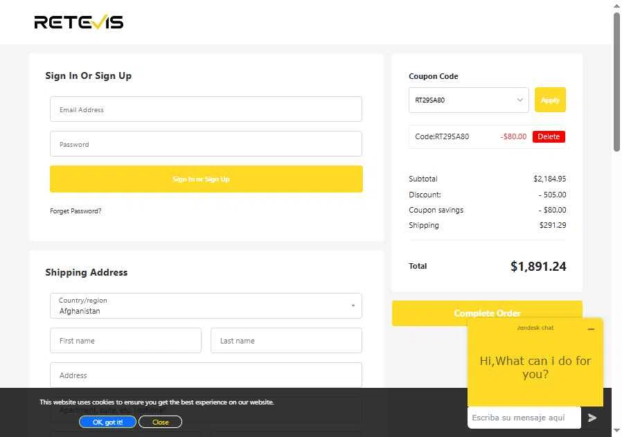 Retevis checkout page showing Retevis discount code box | Screenshot taken by SimplyCodes community member on Jan 19, 2026