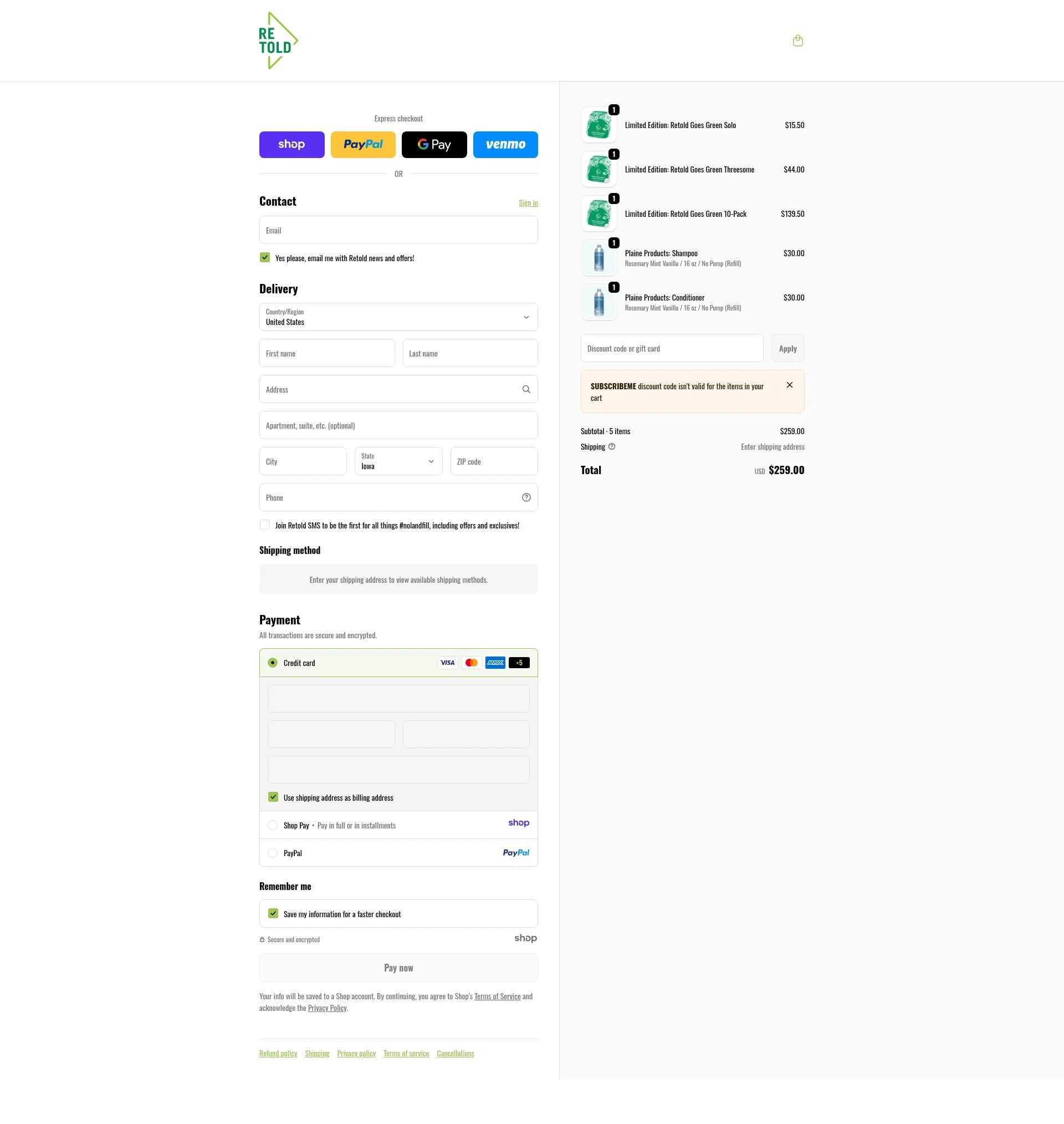 Retold recycling checkout page showing Retold recycling discount code box | Screenshot taken by SimplyCodes community member on Jan 2, 2026