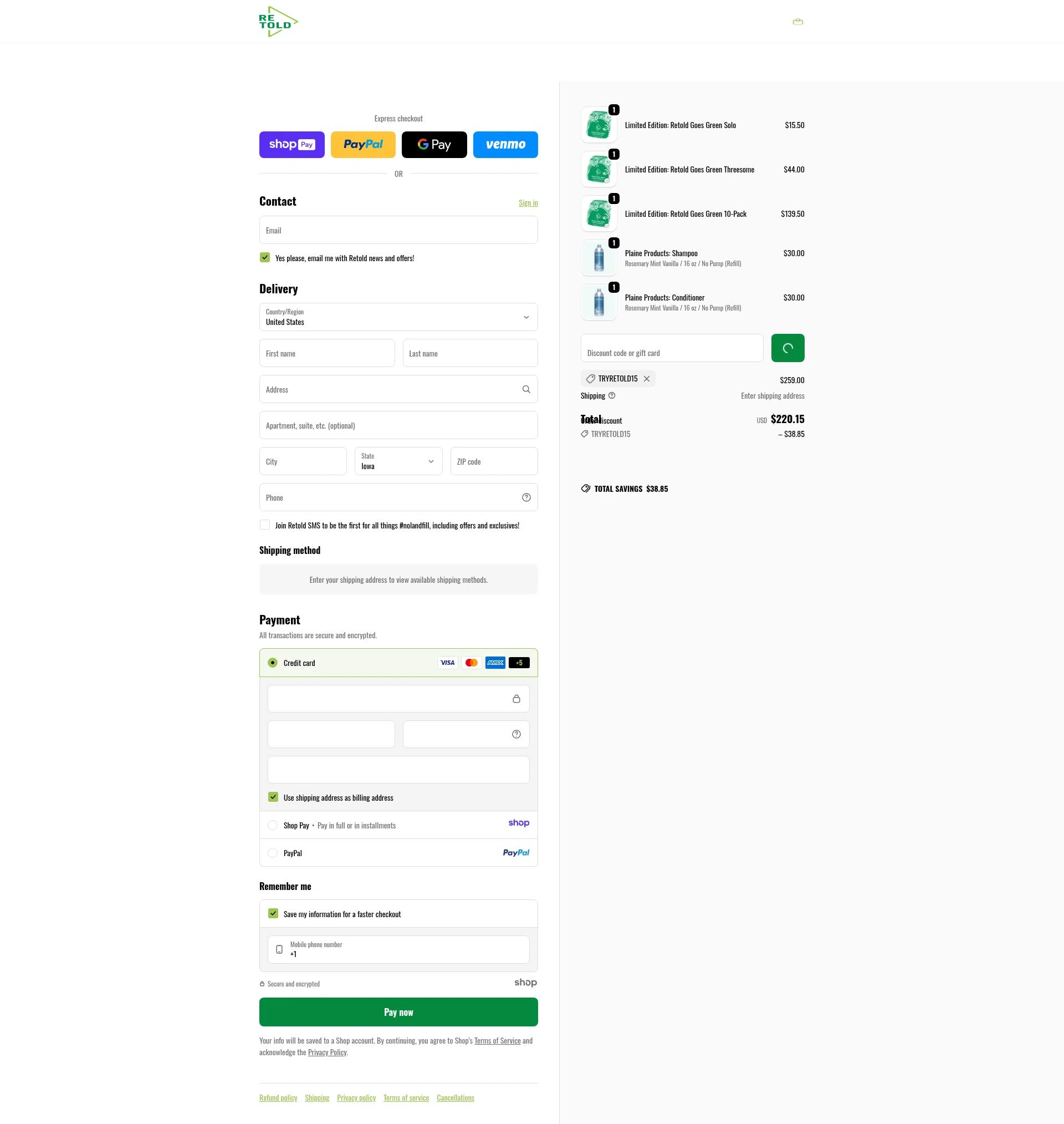 Retold recycling checkout page showing Retold recycling discount code box | Screenshot taken by SimplyCodes community member on Jan 7, 2026