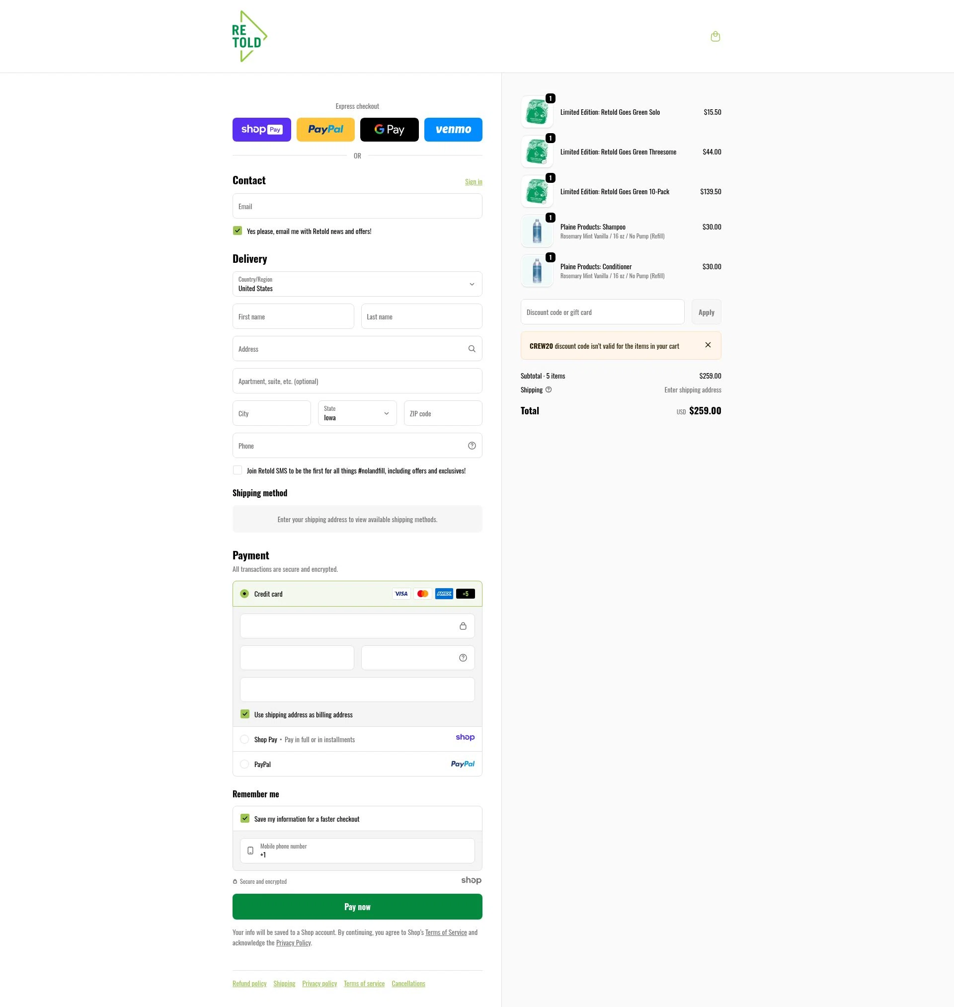 Retold recycling checkout page showing Retold recycling discount code box | Screenshot taken by SimplyCodes community member on Jan 7, 2026