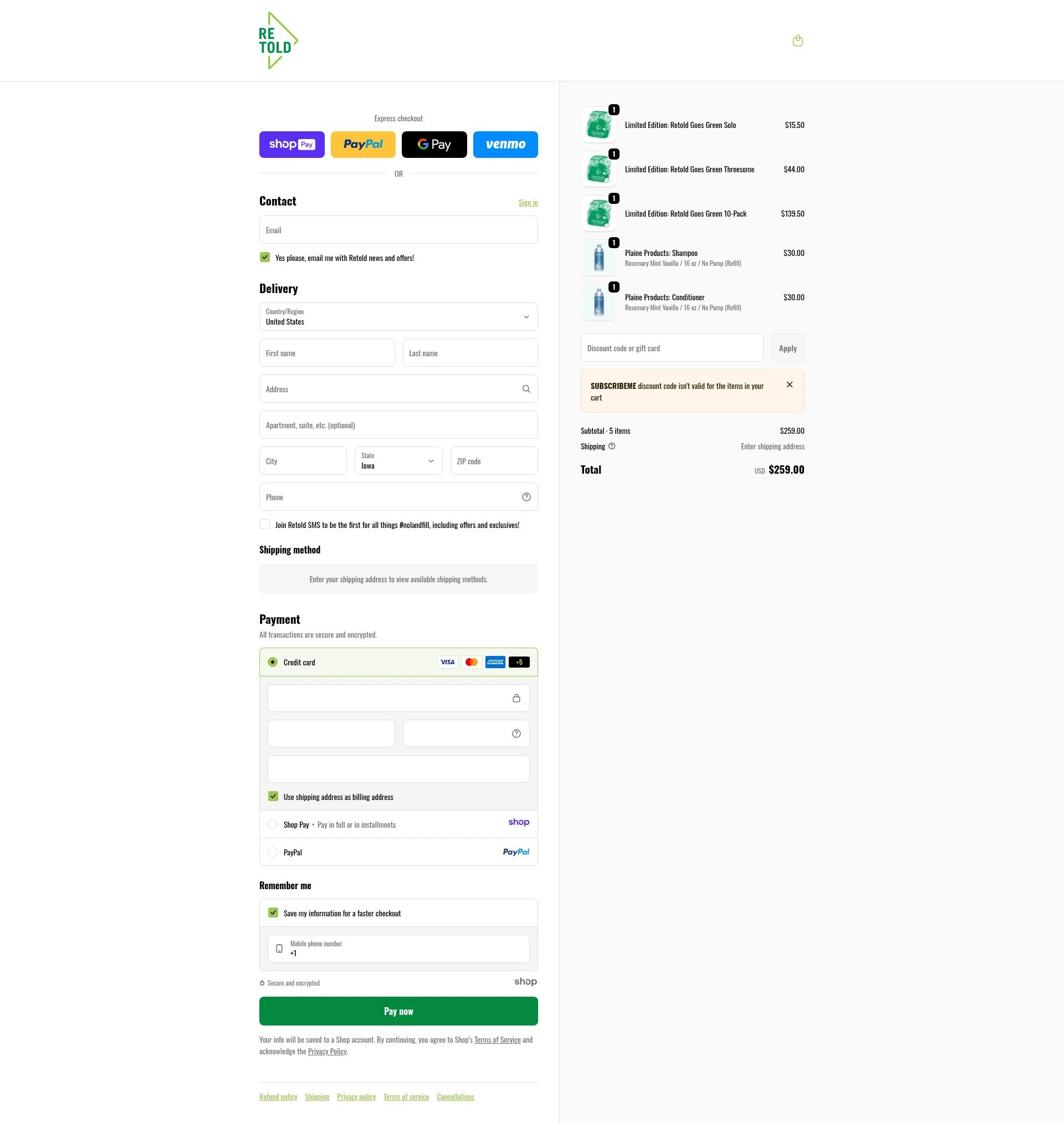Retold recycling checkout page showing Retold recycling discount code box | Screenshot taken by SimplyCodes community member on Jan 7, 2026