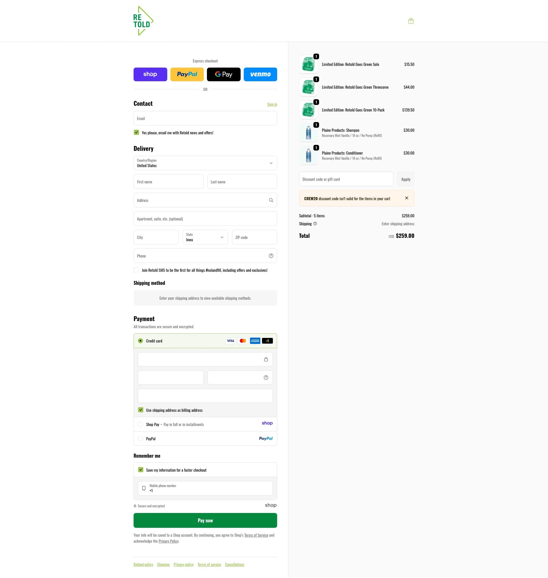 Retold recycling checkout page showing Retold recycling discount code box | Screenshot taken by SimplyCodes community member on Jan 2, 2026