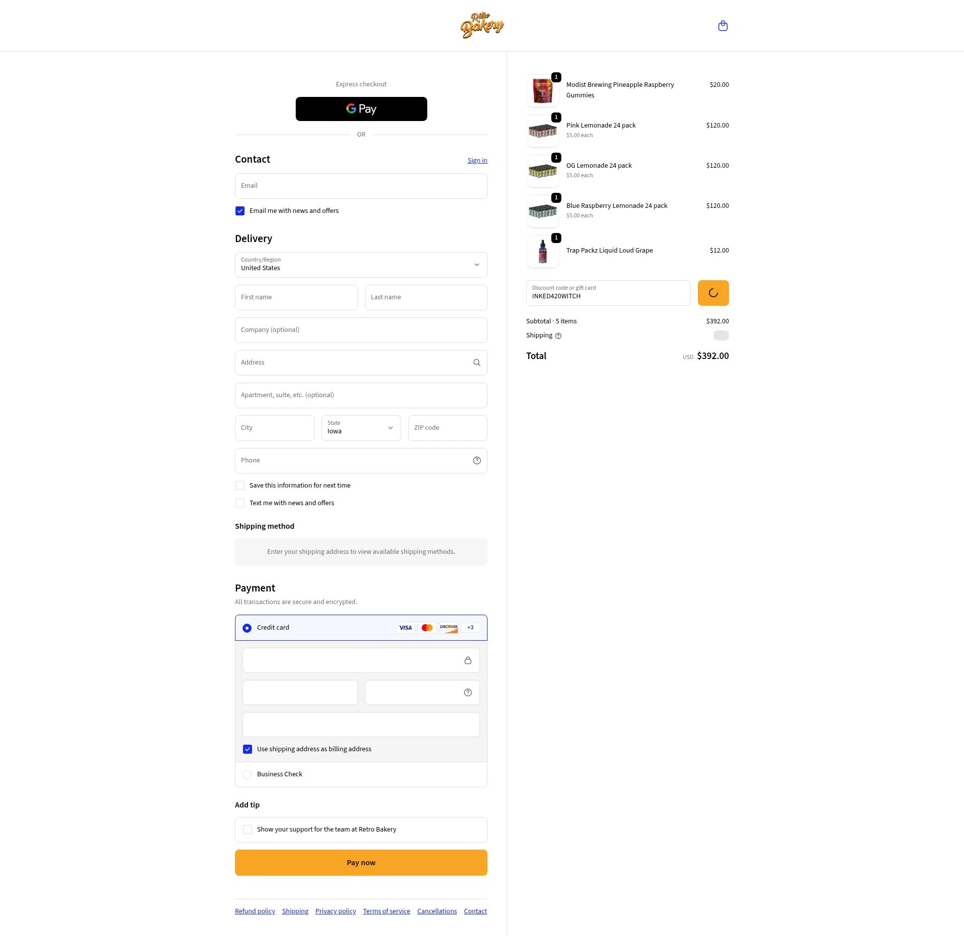 Retro Bakery checkout page showing Retro Bakery promo code box | Screenshot taken by SimplyCodes community member on Jan 7, 2026