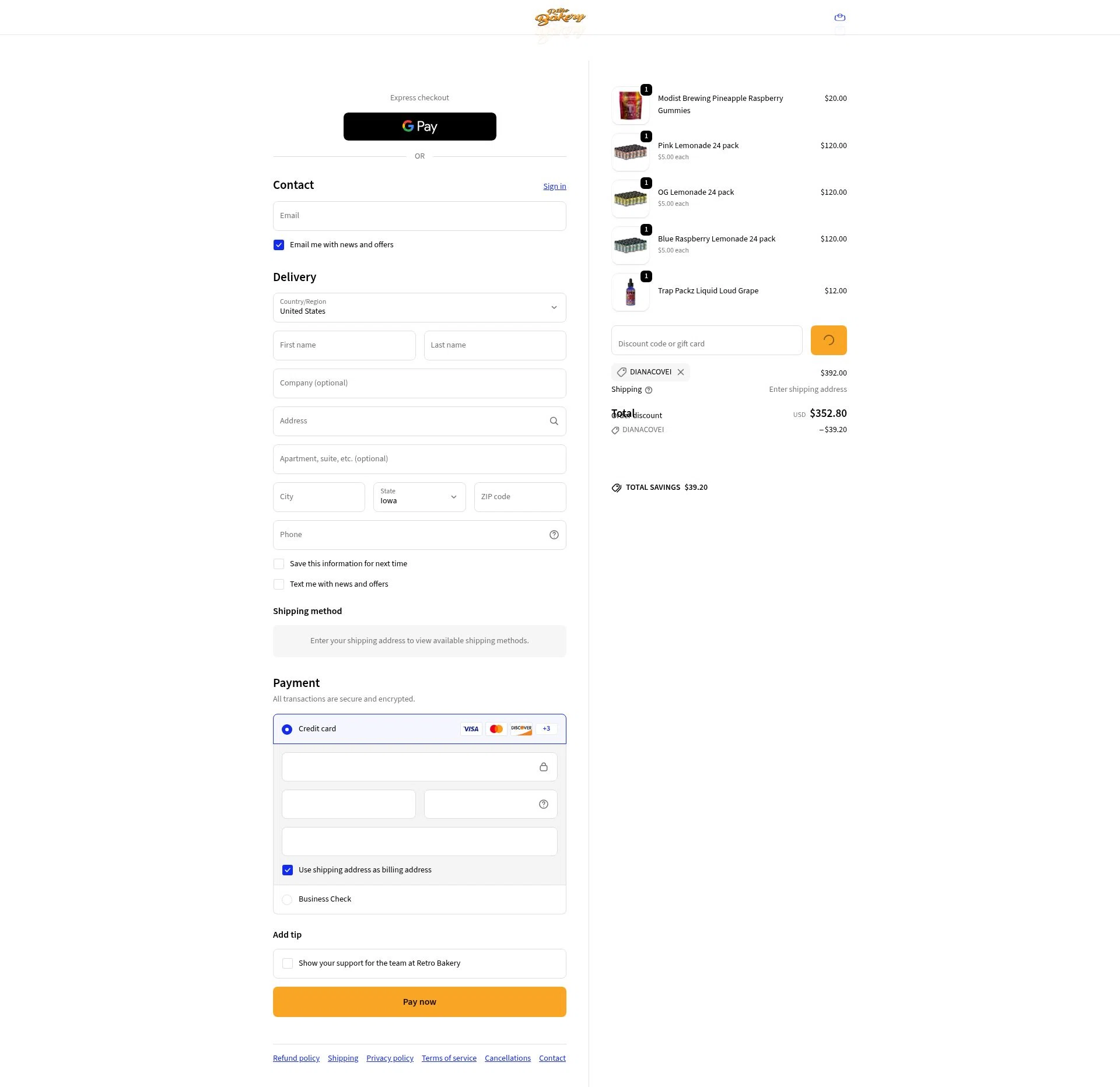 Retro Bakery checkout page showing Retro Bakery promo code box | Screenshot taken by SimplyCodes community member on Jan 7, 2026