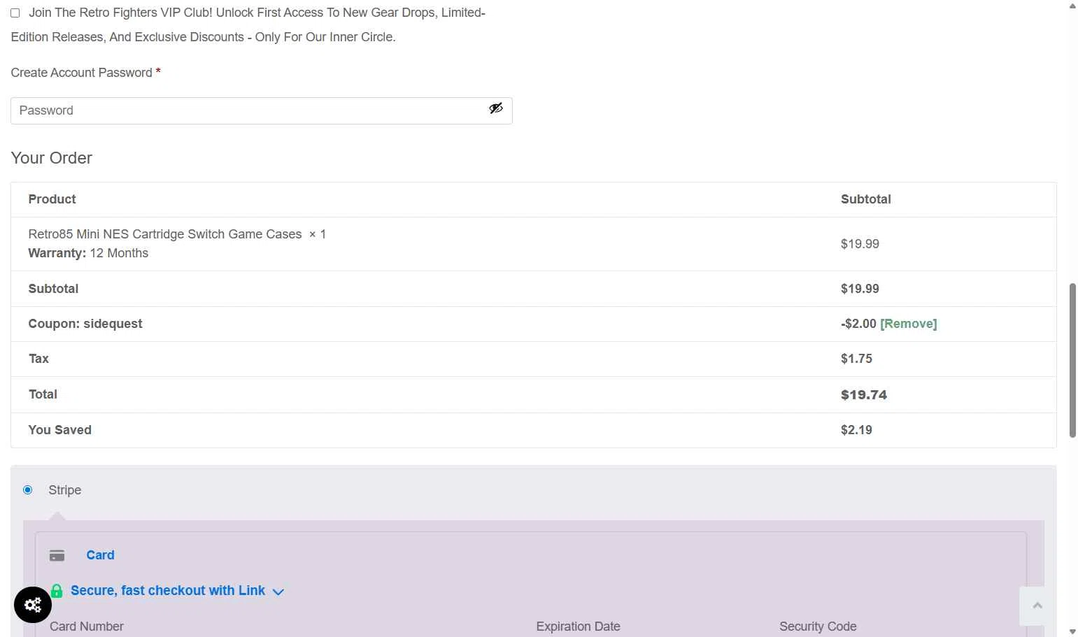 Retro Fighters checkout page showing Retro Fighters coupon code box | Screenshot taken by SimplyCodes community member on Jan 2, 2026