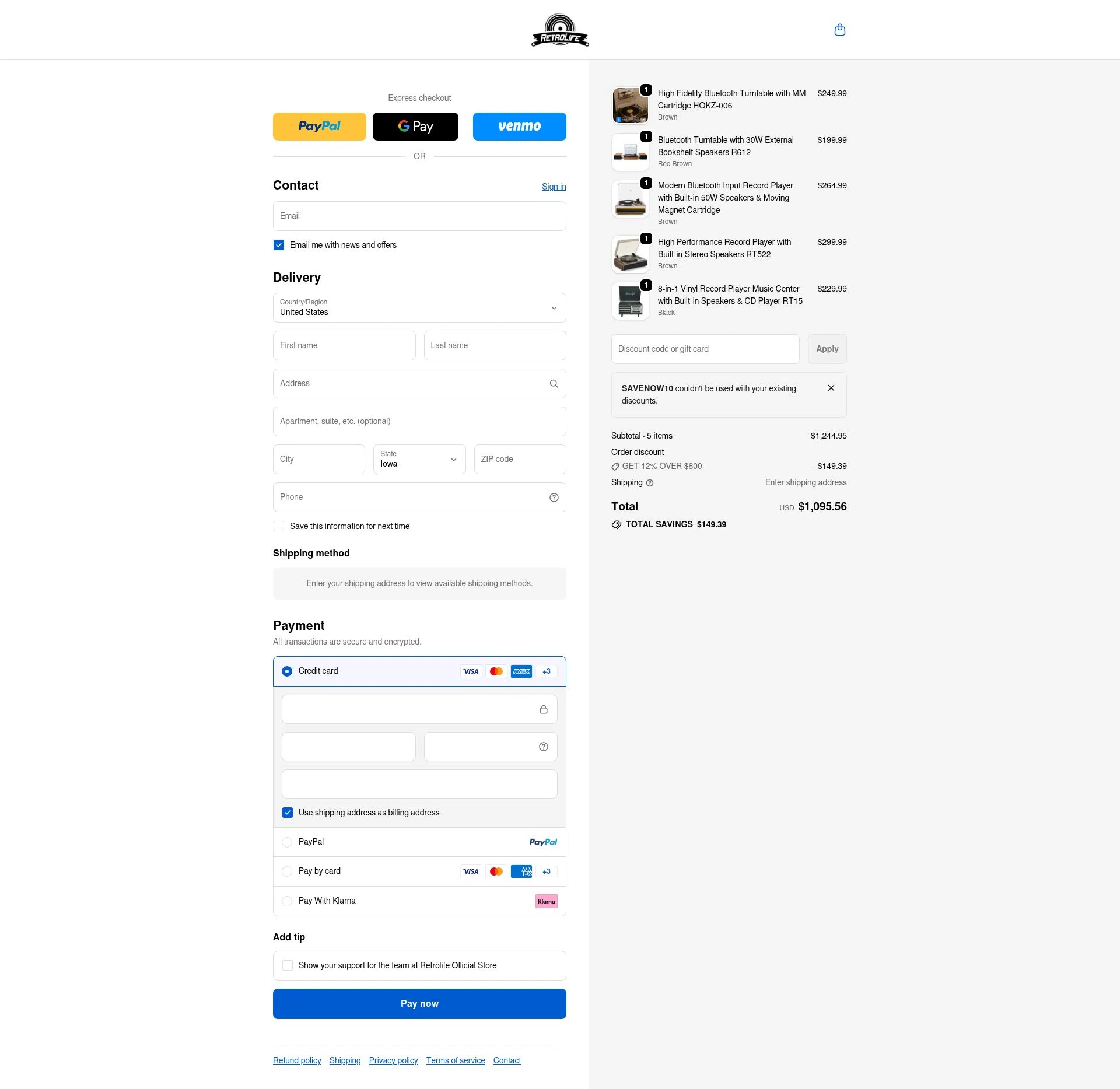Retrolife checkout page showing Retrolife coupon code box | Screenshot taken by SimplyCodes community member on Jan 5, 2026