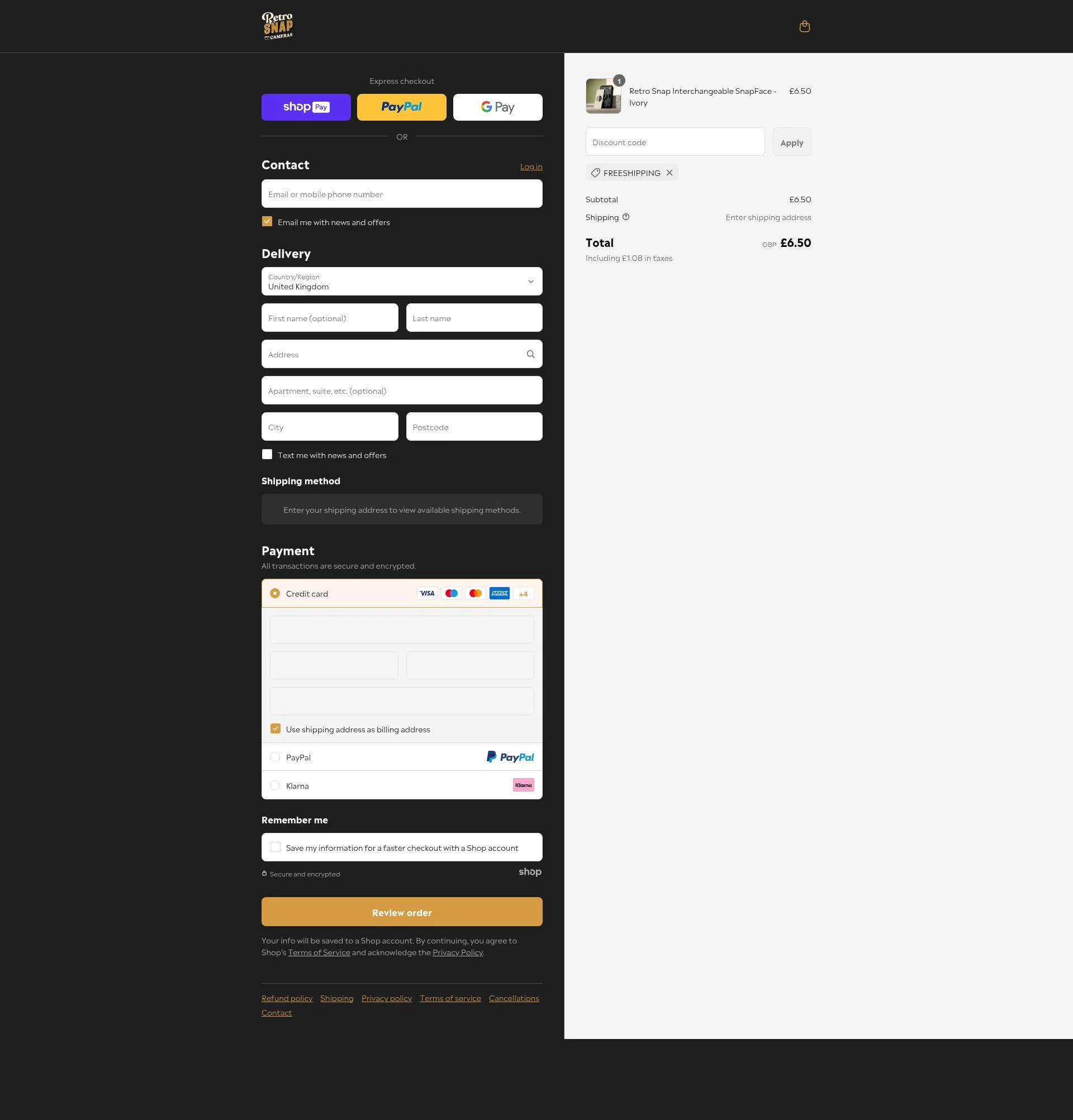Retro Snap Cameras checkout page showing Retro Snap Cameras promo code box | Screenshot taken by SimplyCodes community member on Jul 27, 2025