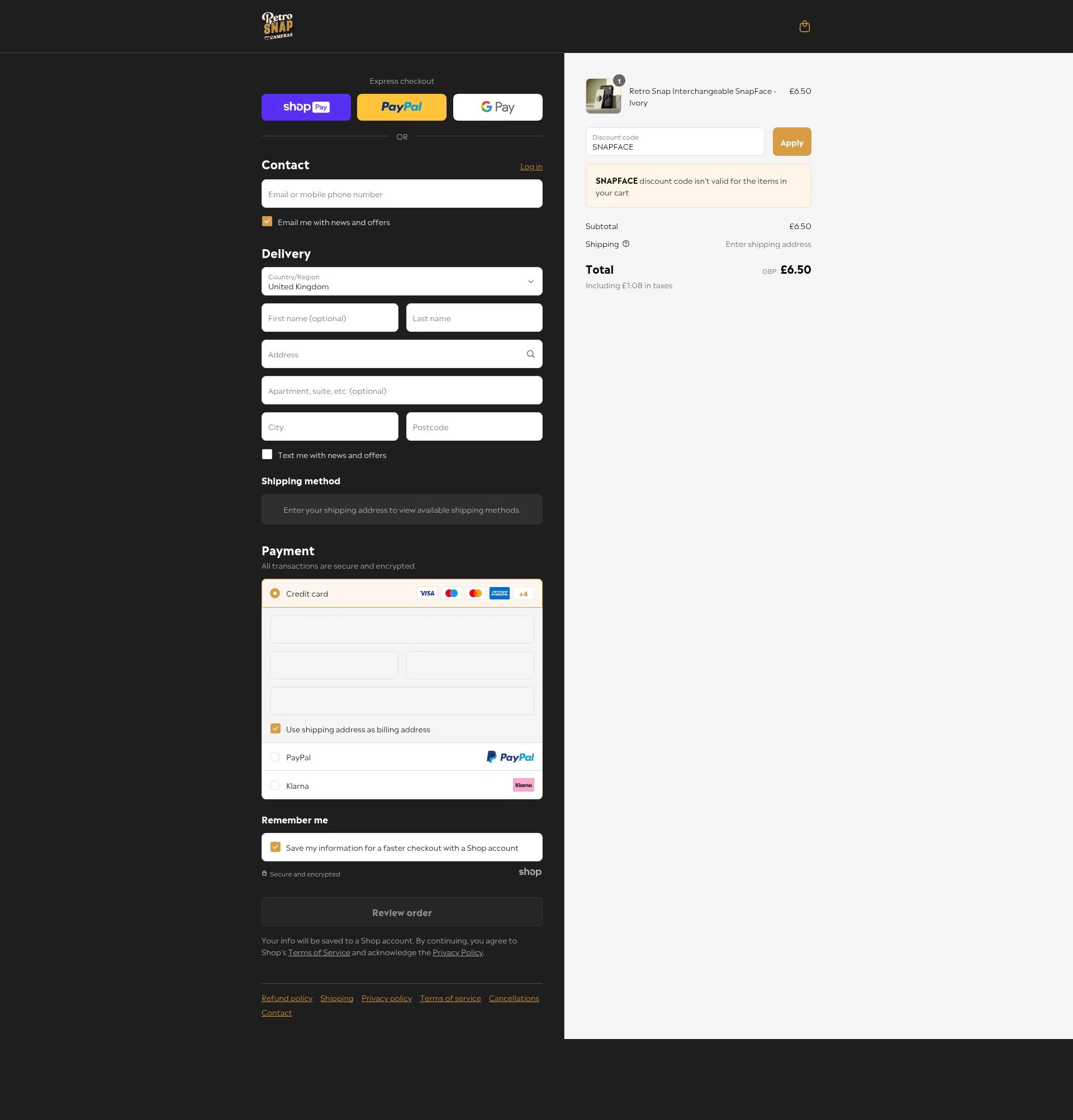 Retro Snap Cameras checkout page showing Retro Snap Cameras promo code box | Screenshot taken by SimplyCodes community member on Jul 27, 2025